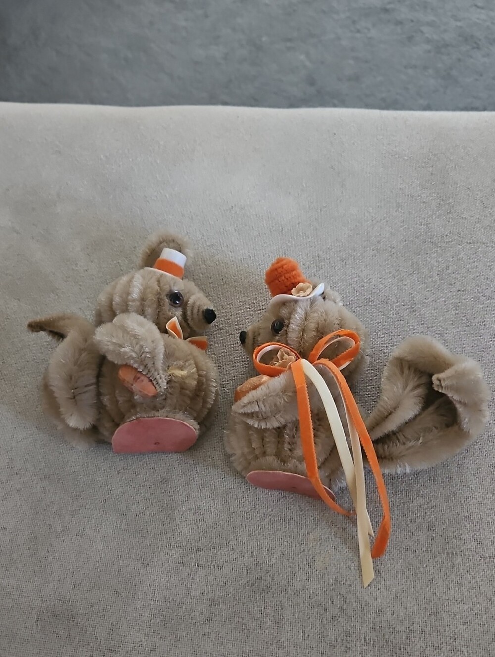 Plush Squirrel Pet Pair Accect Decor in Light Brown with Orange Accents Ribbons.